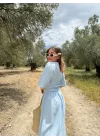 Keten Kısa Kollu Uzun Elbise - Bebek Mavisi