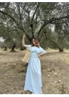 Keten Kısa Kollu Uzun Elbise - Bebek Mavisi
