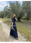 Keten Kısa Kollu Uzun  Elbise - Lacivert