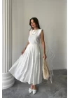KETEN KOLSUZ BLUZ - MAXİ ETEK TAKIM - Beyaz