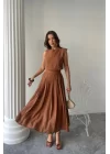 KETEN KOLSUZ BLUZ - MAXİ ETEK TAKIM - Kahverengi