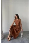 KETEN KOLSUZ BLUZ - MAXİ ETEK TAKIM - Kahverengi