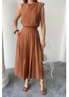 KETEN KOLSUZ BLUZ - MAXİ ETEK TAKIM - Kahverengi