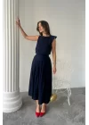 KETEN KOLSUZ BLUZ - MAXİ ETEK TAKIM - Lacivert