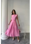 KETEN KOLSUZ BLUZ - MAXİ ETEK TAKIM - Pembe