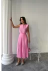 KETEN KOLSUZ BLUZ - MAXİ ETEK TAKIM - Pembe