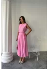 KETEN KOLSUZ BLUZ - MAXİ ETEK TAKIM - Pembe