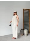 Keten Kolsuz Hırka Etek Ikili Takım- Beyaz