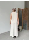 Keten Kolsuz Hırka Etek Ikili Takım- Beyaz