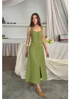 KETEN KOLSUZ KARE YAKA DÜĞME DETAYLI ELBİSE - Yağ Yeşili