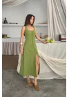 KETEN KOLSUZ KARE YAKA DÜĞME DETAYLI ELBİSE - Yağ Yeşili