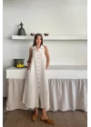KETEN ÖNDEN DÜĞMELİ KOLSUZ GÖMLEK YAKA ELBİSE - Beyaz