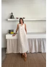 KETEN ÖNDEN DÜĞMELİ KOLSUZ GÖMLEK YAKA ELBİSE - Beyaz