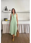 KETEN ÖNDEN DÜĞMELİ KOLSUZ GÖMLEK YAKA ELBİSE - Mint