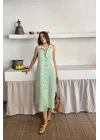 KETEN ÖNDEN DÜĞMELİ KOLSUZ GÖMLEK YAKA ELBİSE - Mint