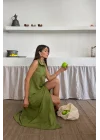 KETEN ÖNDEN DÜĞMELİ KOLSUZ GÖMLEK YAKA ELBİSE - Yağ Yeşili