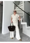 Keten Sıfır Kol Blezer Ceket Pantolon Ikili Takım- Beyaz