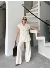 Keten Sıfır Kol Blezer Ceket Pantolon Ikili Takım- Beyaz