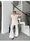 Keten Sıfır Kol Blezer Ceket Pantolon Ikili Takım- Beyaz