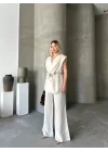 Keten Sıfır Kol Kuşaklı Ceket Pantolon Ikili Takım - Beyaz