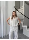 Keten Tam Fermuarlı Kolsuz Ceket Pantolon Ikili Takım- Beyaz