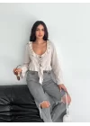 Keten Uzun Kol Bağacık Detaylı Bluz - Bej