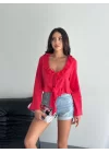 Keten Uzun Kol Bağacık Detaylı Bluz - Kırmızı