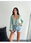 Keten Uzun Kol Bağacık Detaylı Bluz - Yeşil