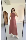 Keten Uzun Kolsuz Elbise- Gül Kurusu