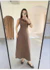 Keten Uzun Kolsuz Elbise- Kahverengi