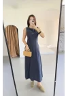 Keten Uzun Kolsuz Elbise- Mavi