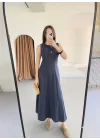 Keten Uzun Kolsuz Elbise- Mavi