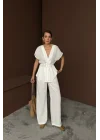KETEN V YAKA BELDEN BAĞLAMALI BLUZ-PANTOLON TAKIM - Beyaz
