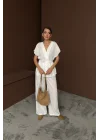 KETEN V YAKA BELDEN BAĞLAMALI BLUZ-PANTOLON TAKIM - Beyaz