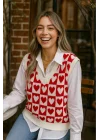 Kadın Kırmızı Beyaz Dama ve Kalp Desenli V Yaka Triko Süveter