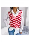 Kadın Kırmızı Beyaz Dama ve Kalp Desenli V Yaka Triko Süveter