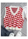 Kadın Kırmızı Beyaz Dama ve Kalp Desenli V Yaka Triko Süveter