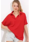 Kırmızı Oversize Polo Yaka Örme Bluz 0486