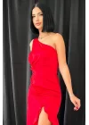 Kırmızı Volanlı Saten Abiye