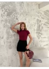 Kısa Kol Badi Bluz - Bordo