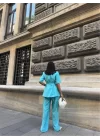 KISA KOL BAĞLAMA DETAYLI CEKET-PANTOLON TAKIM - Mavi