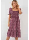 Kısa Kol Çiçekli Elbise 2556 - Bordo