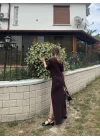 Kısa Kollu Uzun Yandan Yırtmaçlı Elbise - Kahverengi