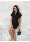 Kısa Kolu Mini Kot Kumaşından Likralı Elbise - Siyah