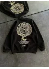 Kışlık Bisiklet Yaka Ön Ve Arka Baskılı SweatShirt - Siyah