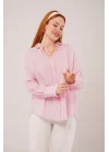 Kol Düğmeli Çizgili Pembe Gömlek