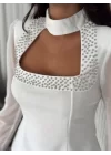 Kolları Şifon Göğüste İnci Boncuk Detaylı Bluz - Beyaz