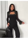 Kolları Şifon Göğüste İnci Boncuk Detaylı Bluz - Siyah