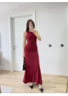 Kolsuz Büzgülü Uzun Elbise - Kırmızı