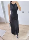 Kolsuz Büzgülü Uzun Elbise - Siyah